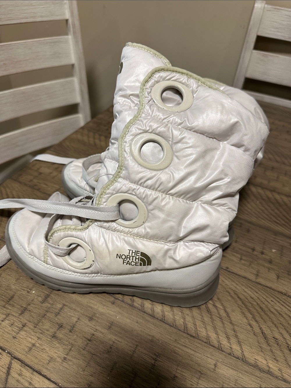 The North Face Cream Quilted Puffer Snow Boots